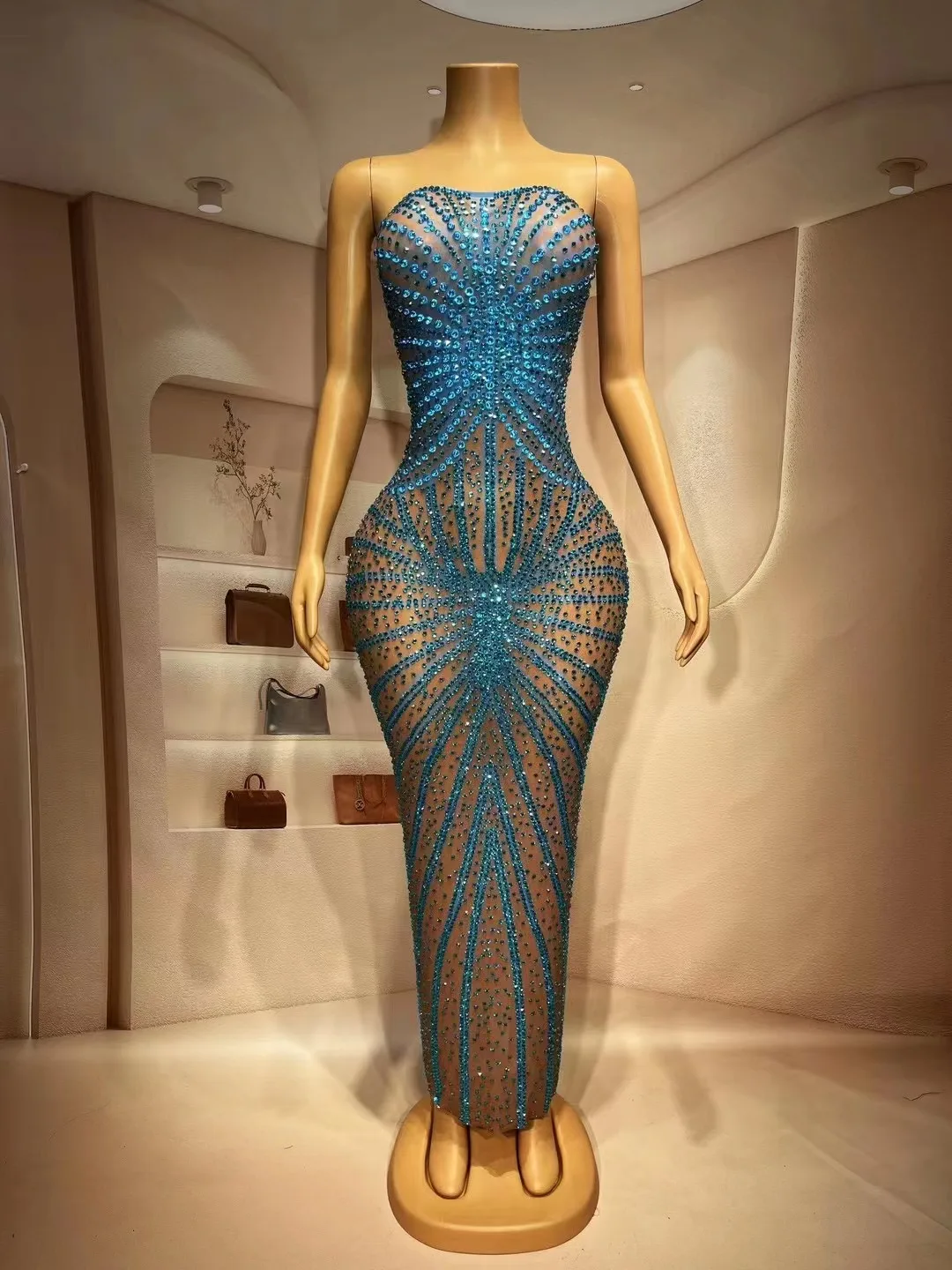 Vestido sin mangas con diamantes de imitación, rojo y azul brillante, para noche, celebración de cumpleaños, traje de baile Sexy sin espalda, ropa para sesión de fotos y graduación