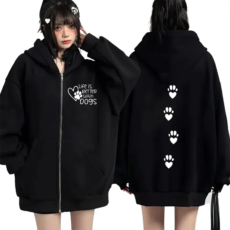 2025 Women New Life Is Better with Dogs Letter Zipper Hoodie Autumn Winter Casual Outdoor Sports Jacket Coat Fleece Sweatshirts