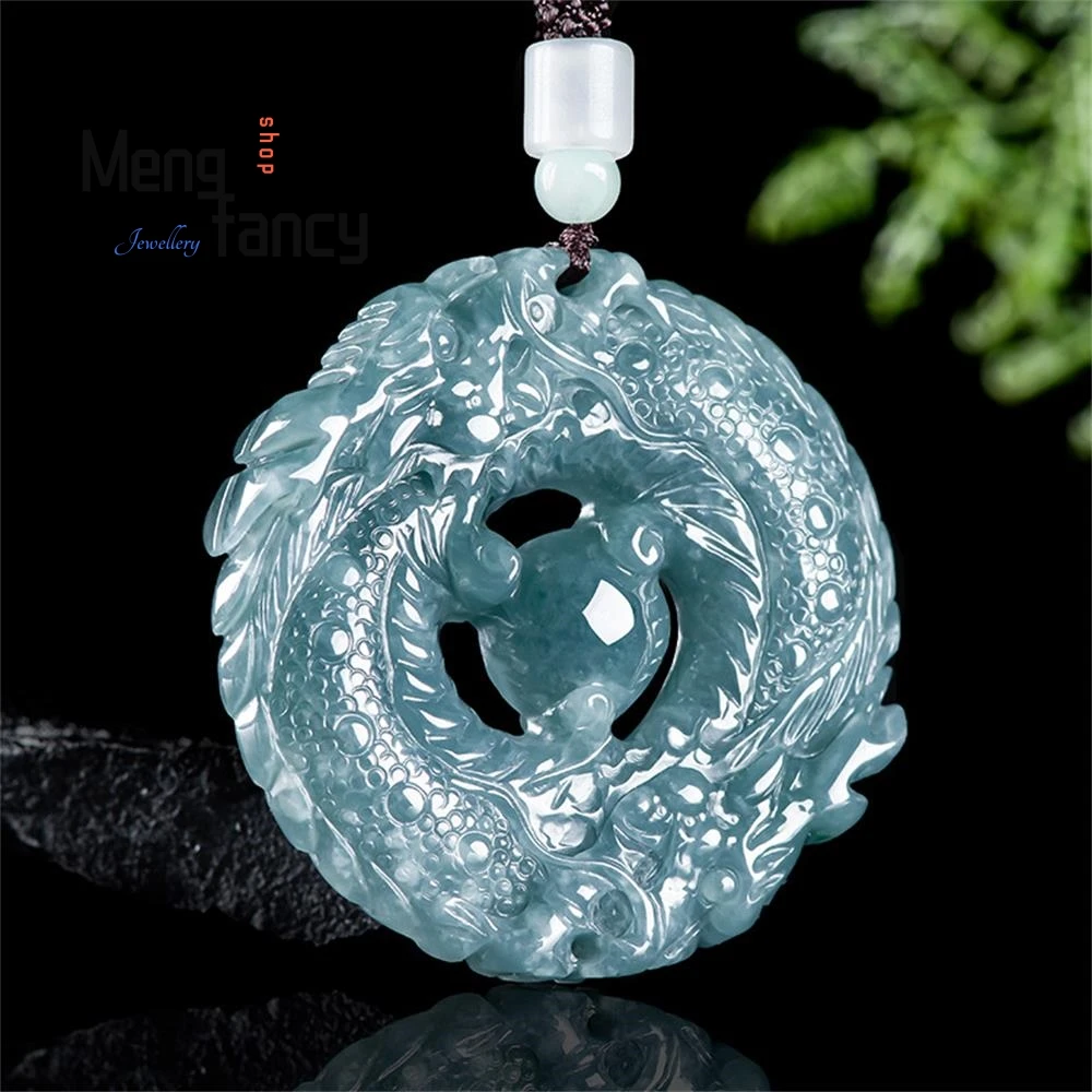 Natural A-goods Jadeite Blue Water Double Dragons Play Beads Dragon Sign Zodiac Dragon Pendant High-grade Fashion Luxury Jewelry