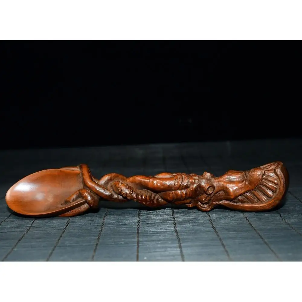 Hand Carved Boxwood Octopus Tea Spoon Vintage Wooden Squid Tentacle Sculpture Tea Accessory Home Decor Craft Gift
