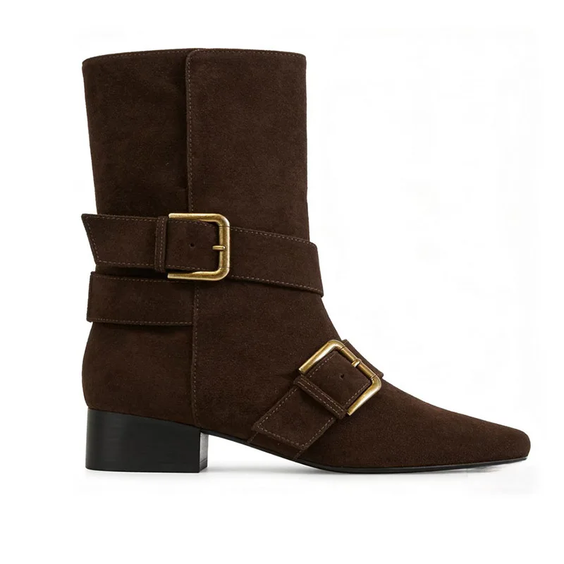 

Весенние замшевые ботинки в стиле вестерн 2026, коричневые женские ботинки до середины икры с ремешком в стиле ретро, бархатные уличные туфли с острым носком Phoentin FT4330