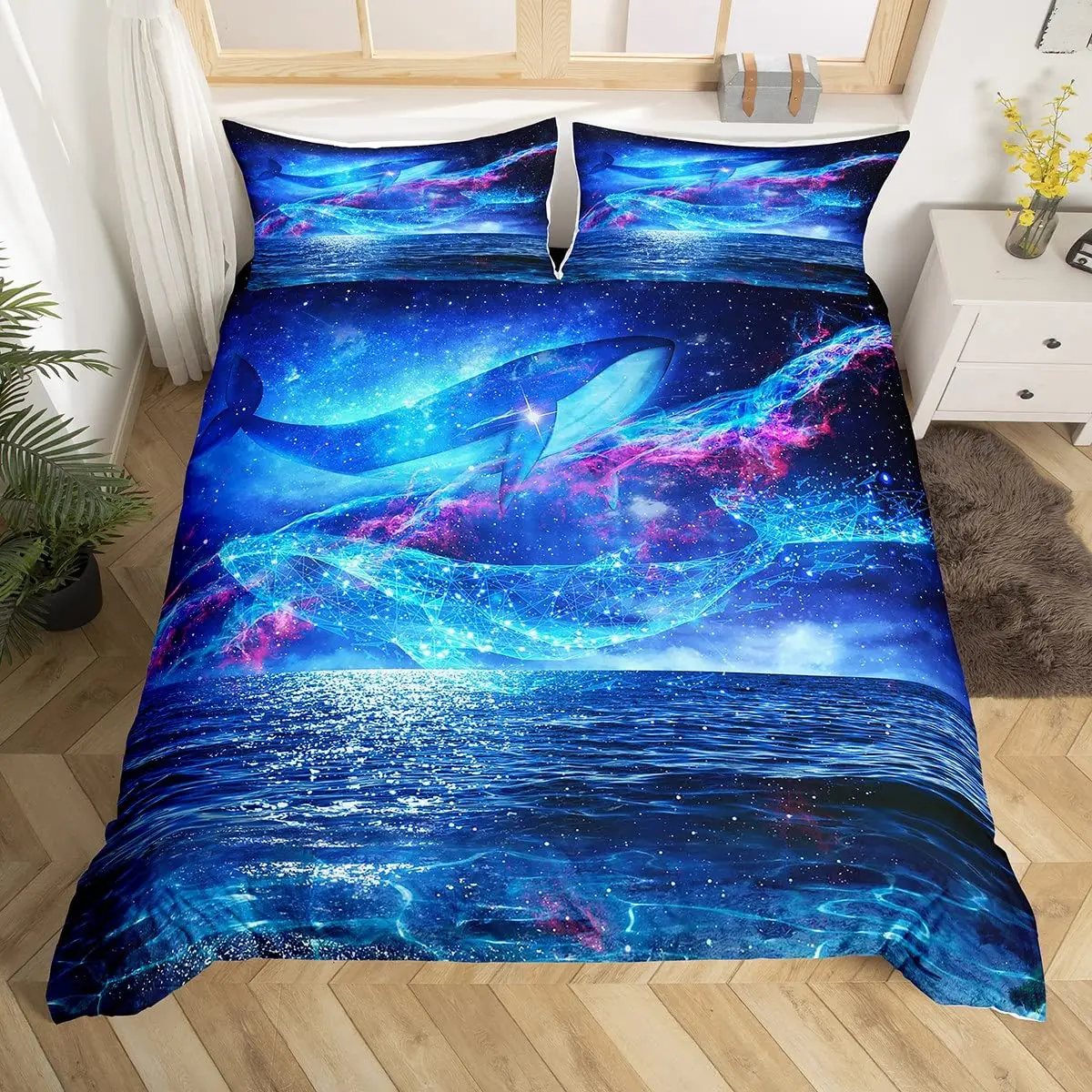 

Blue Sea and Galaxy Duvet Cover Set Full,3D Whale Ocean Creatures Bedding Sets Space Starry Mysterious Nebula Comforter Cover