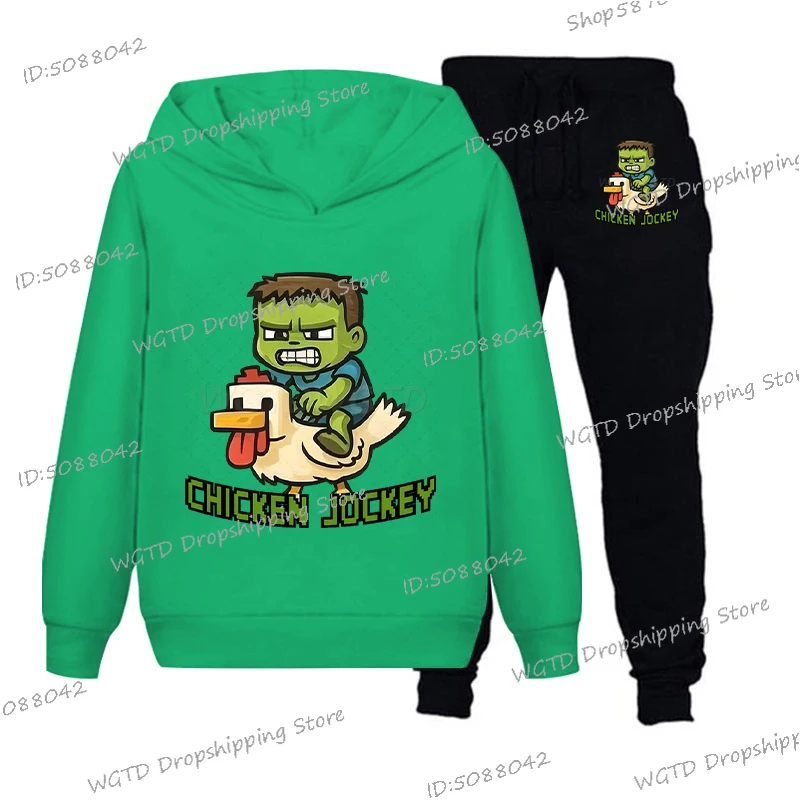 Chicken Jockey Print Children's Sets Boys Girls Anime Cartoon Clothes Funny Game Chicken Jockey Hoodies+Trousers 2pc Tracksuit
