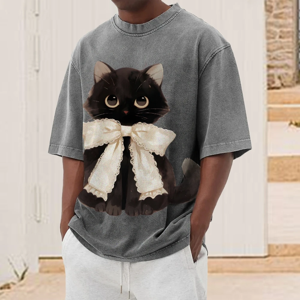 

Y2k Graphic T-Shirt, Cat with Bow Print, Adorable, Elegant and Charming,Cute Clothes, Soft Fabric for Feline-Themed Casual Looks