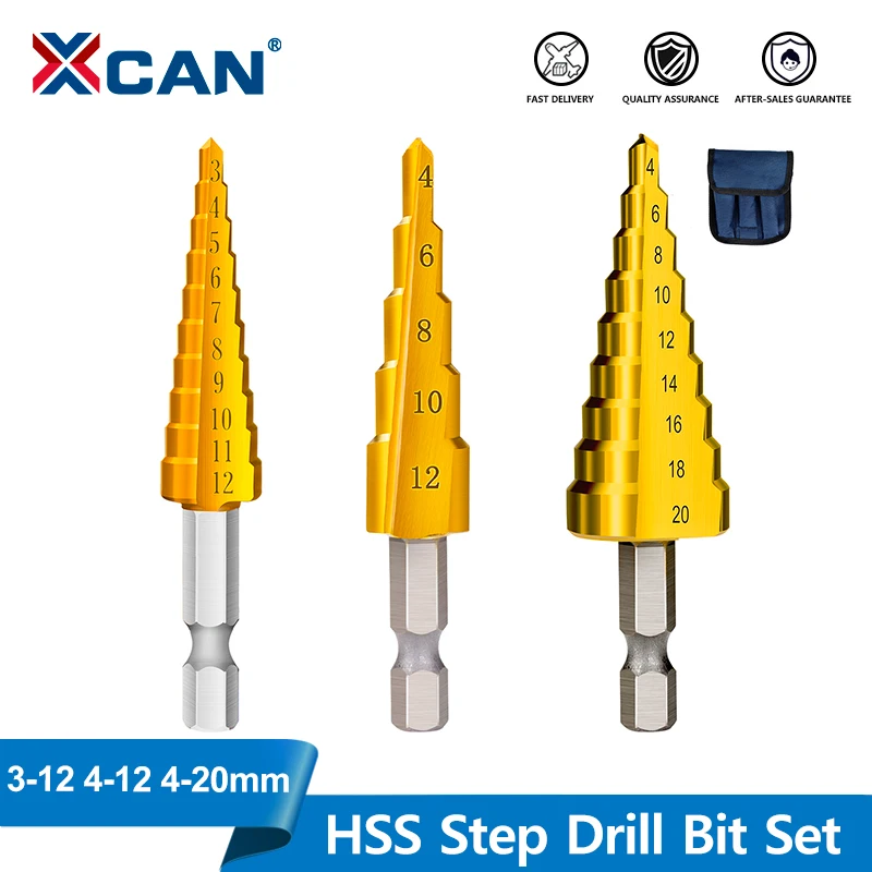 XCAN 3-teiliges HSS-Titan-Stufenbohrer-Set, Stufenbohrer, Hochgeschwindigkeits-Stufenbohrer-Set für Metall, Holz, Elektrowerkzeuge, 3-12, 4-12, 4-20 mm