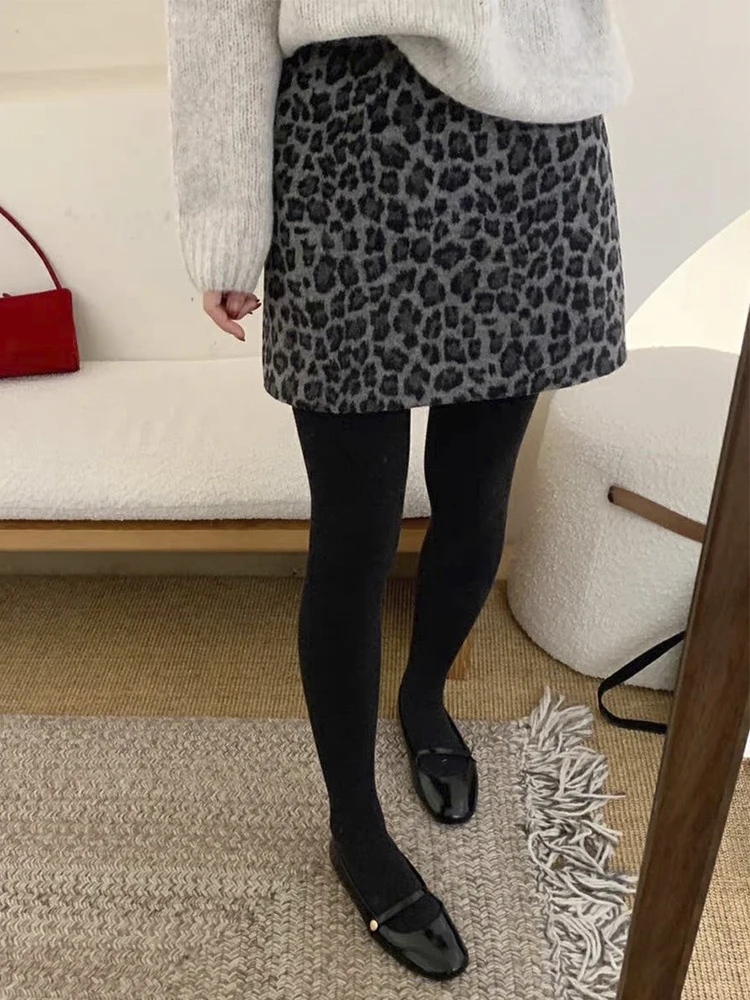 Damen-2025, Herbst-Winter-Minirock mit Leopardenmuster – hoch taillierter, schlankmachender, vielseitiger, figurbetonter Retro-Midirock in A-Linie