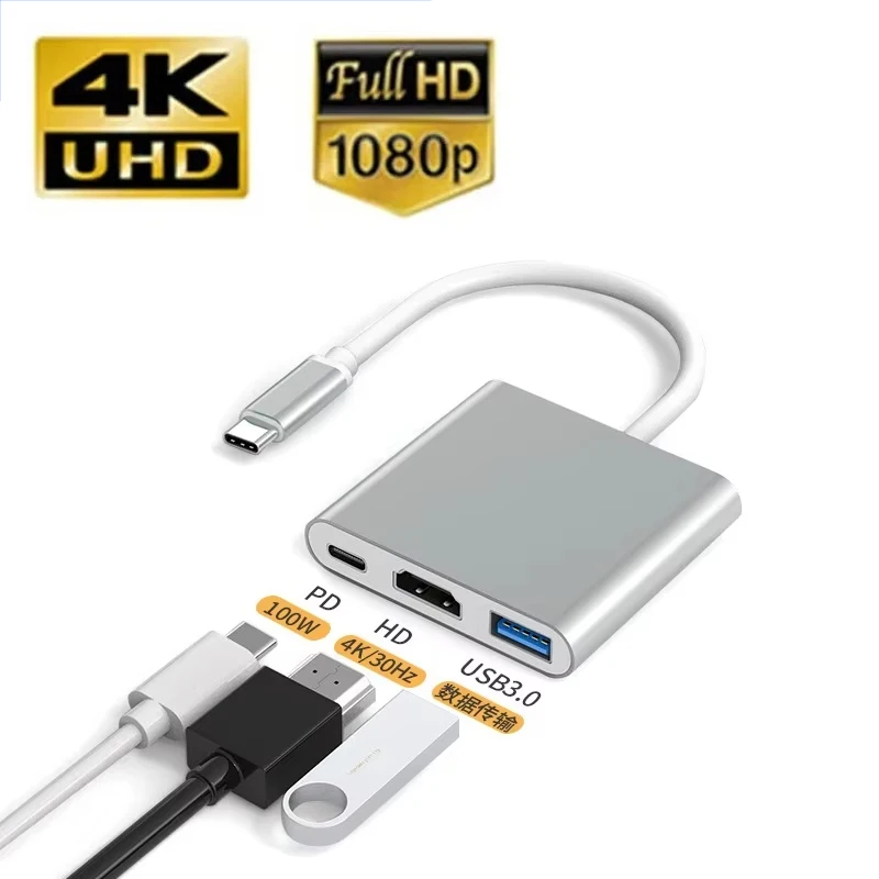 3 In 1 USB Type C To HDTV Converter Cable USB 3.0 PD Adapter For Computer Mobile Device Computer Accessories Kit Travel Office