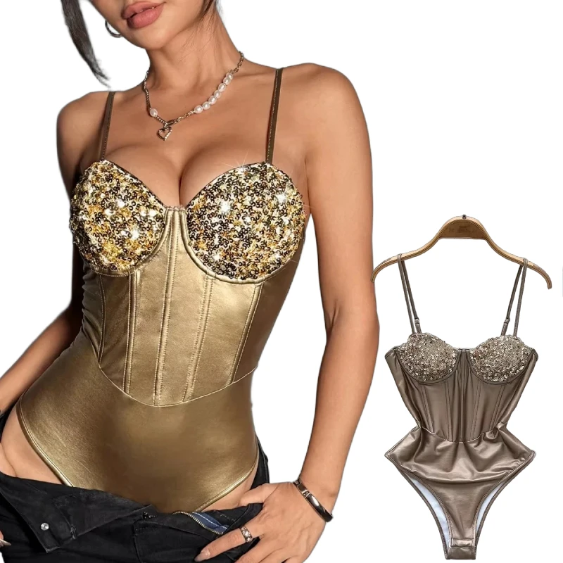 Shiny Sequin Sexy Bodysuit for Women Adjustable Strap Summer Streetwear Night Club Party Gold Silver Colors Jumpsuit Women