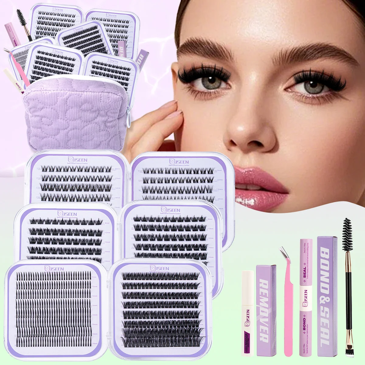Wimperncluster-Set, DIY-Wimpernverlängerungsset mit Wimpernbindung und Dichtung, Kleberbürste, Pinzette, Wimpernbürste, Großhandel, große Packung