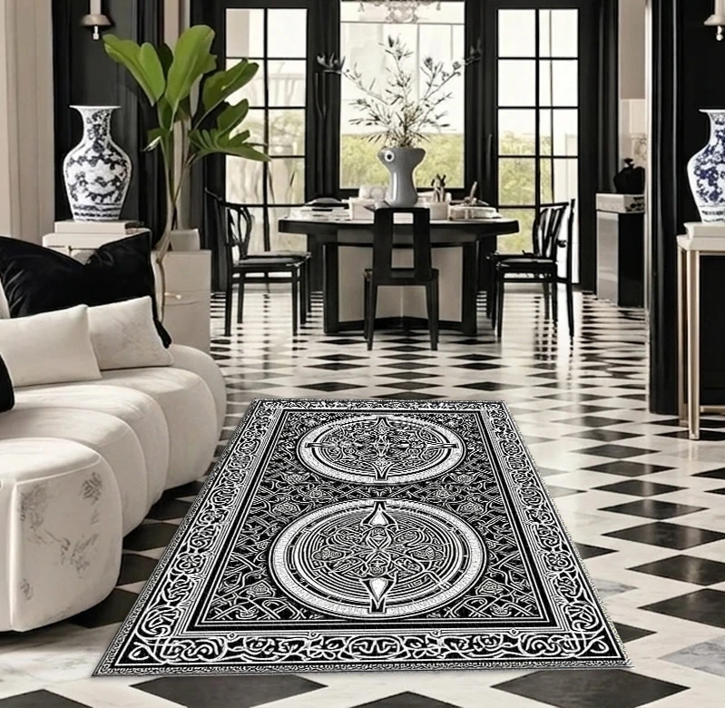 Black and White Celtic Knot Decorative Carpet with Vintage Tribal Pattern Print, Square Carpet Suitable for Study Room Decoration