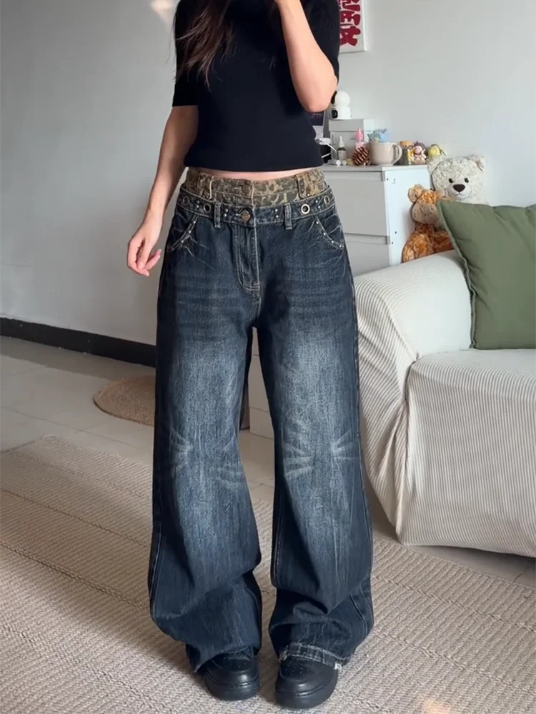 

plus Size American Retro Leopard Print Patchwork Wide Leg Denim Jeans Women's Autumn Winter Double Waist Design Loose Wide Le...