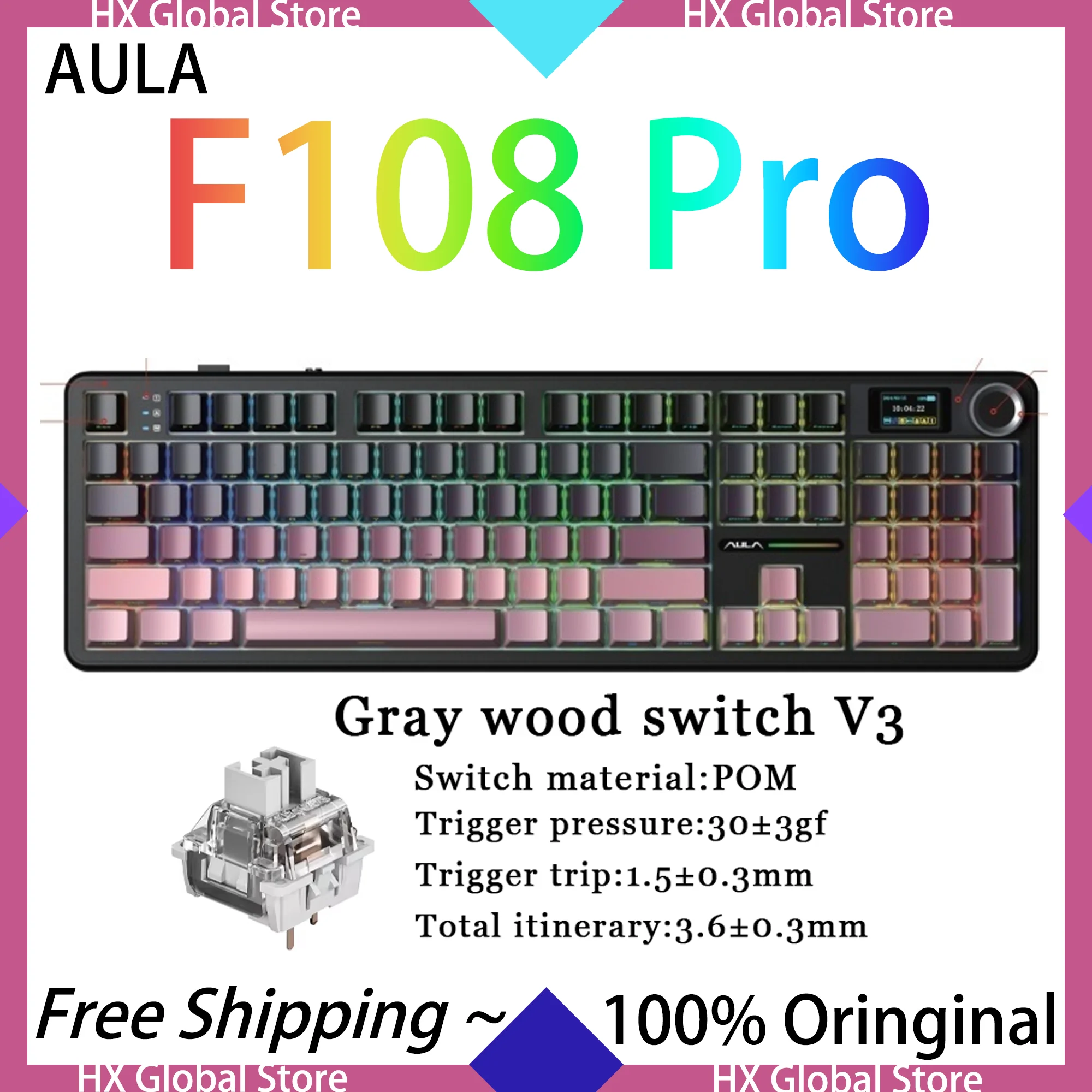 

AULA F108 Pro Mechanical Keyboard Gray wood switch V3 Wireless Gasket Structure Hot Swap Tri-mode Ergonomics RGB Esports Custom