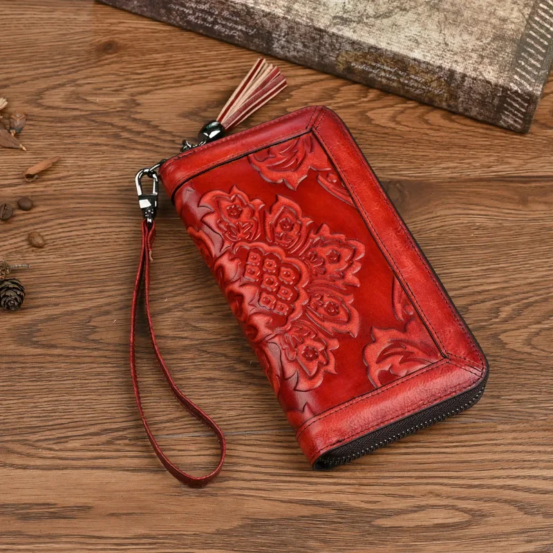 

Vintage Floral Carved Long Wallet, Head Layer Cowhide Purse with Zipper for Phone