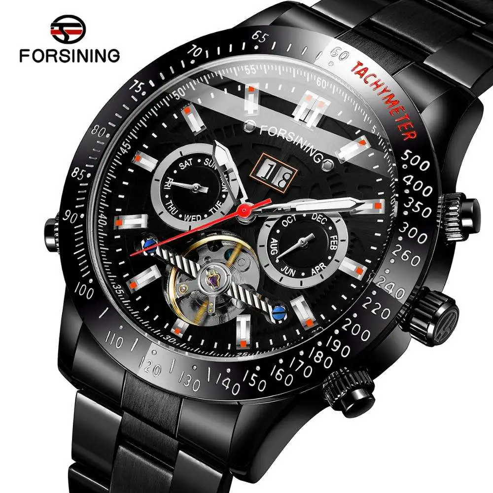 Fashion Forsining Top Brand Seller Man Mechanical Classic Skeleton Flywheel Hollow Out Full Stainless Steel For Men Wrist Watch