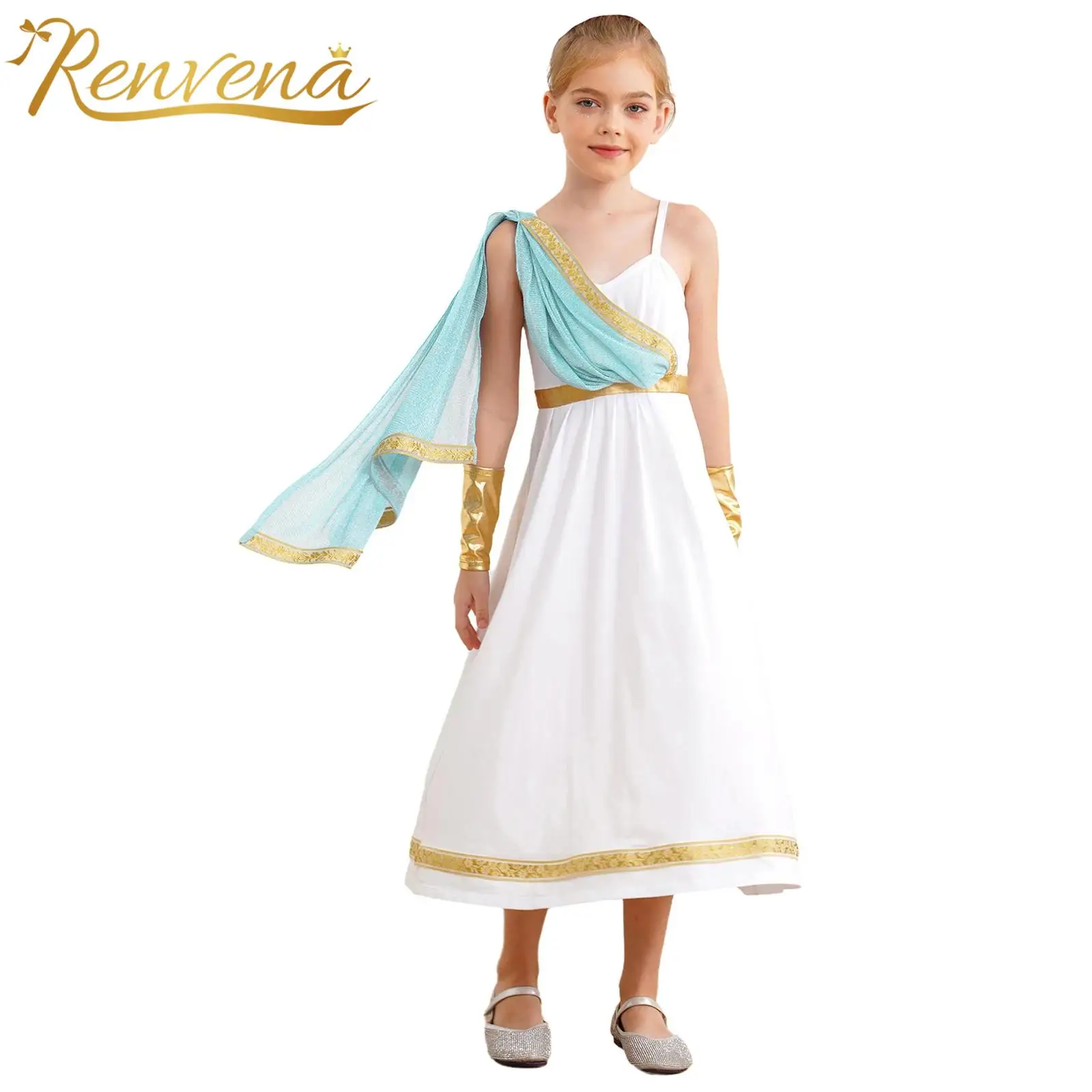 Girls Ancient Greek Princess Dresses Halloween Carnival Cosplay Costume Roman Greece Golden Embroidery Dress with Arm Sleeve
