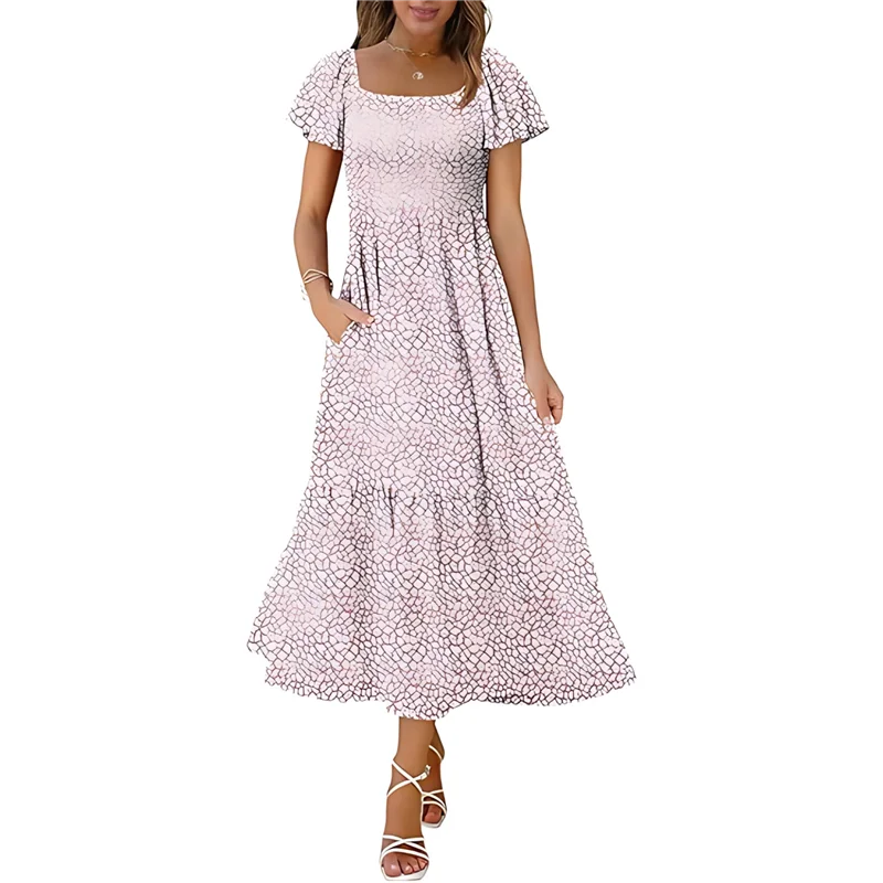 Abito estivo da donna casual con scollo quadrato, maniche svolazzanti, boho, smock, a-line, fluido, a strati, modesto, midi, con tasche