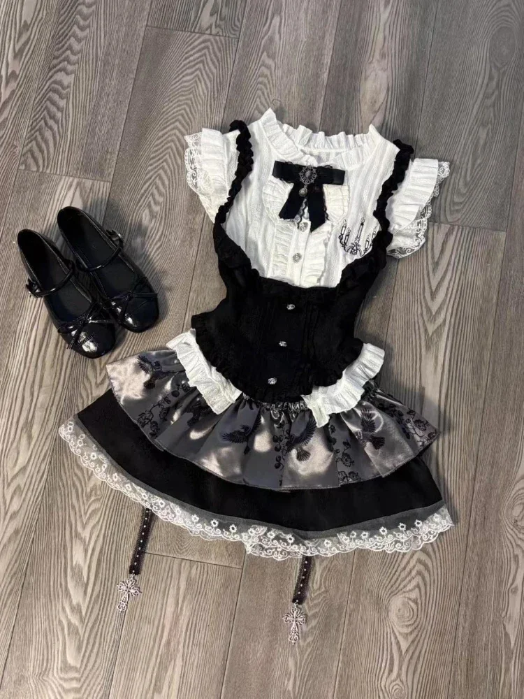 Gothic Vintage Preppy Style Women 3 Piece Set Y2k Tops + Chic Vest + Mini Puffy Skirt Harajuku Female Japanese Sweet Outfits