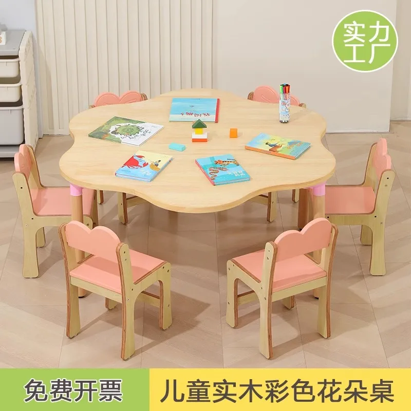 Kindergarten solid wood special table and chair set children's learning desk flower table baby early education handmade painting