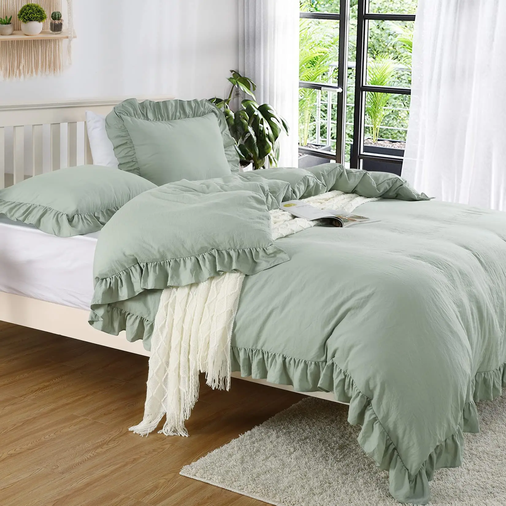 

Ruffle Duvet Cover King Size, 3PCS Soft Washed Microfiber Vintage French Country Duvet Cover Set with Button Closure