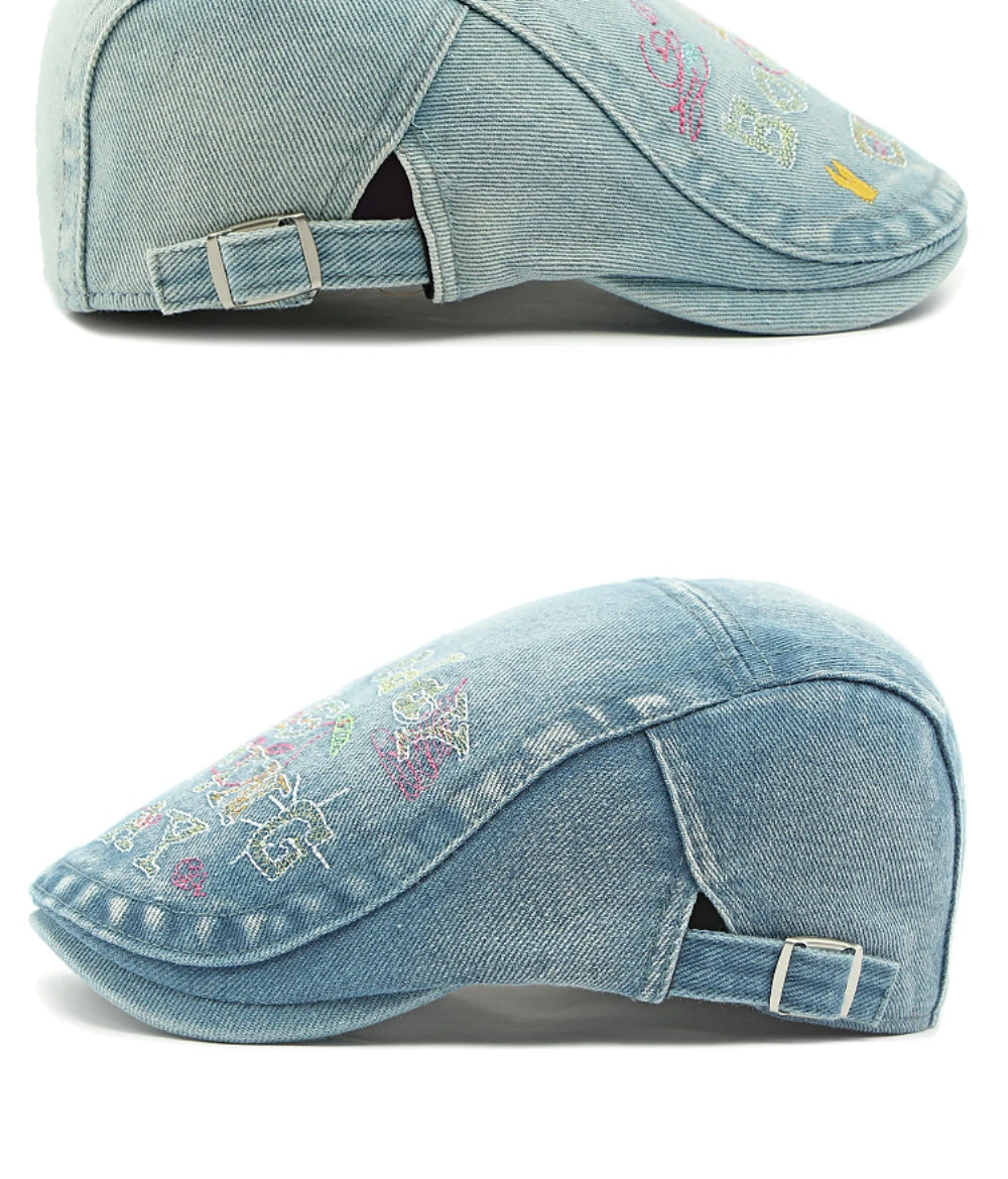 HT4739 Hochwertige Bestickte Buchstaben-Denim-Baskenmütze für Herren und Damen, Retro Künstler-Malermütze, Herren- und Damen-Ivy-Flatcap, Baskenmützen – Detail 7