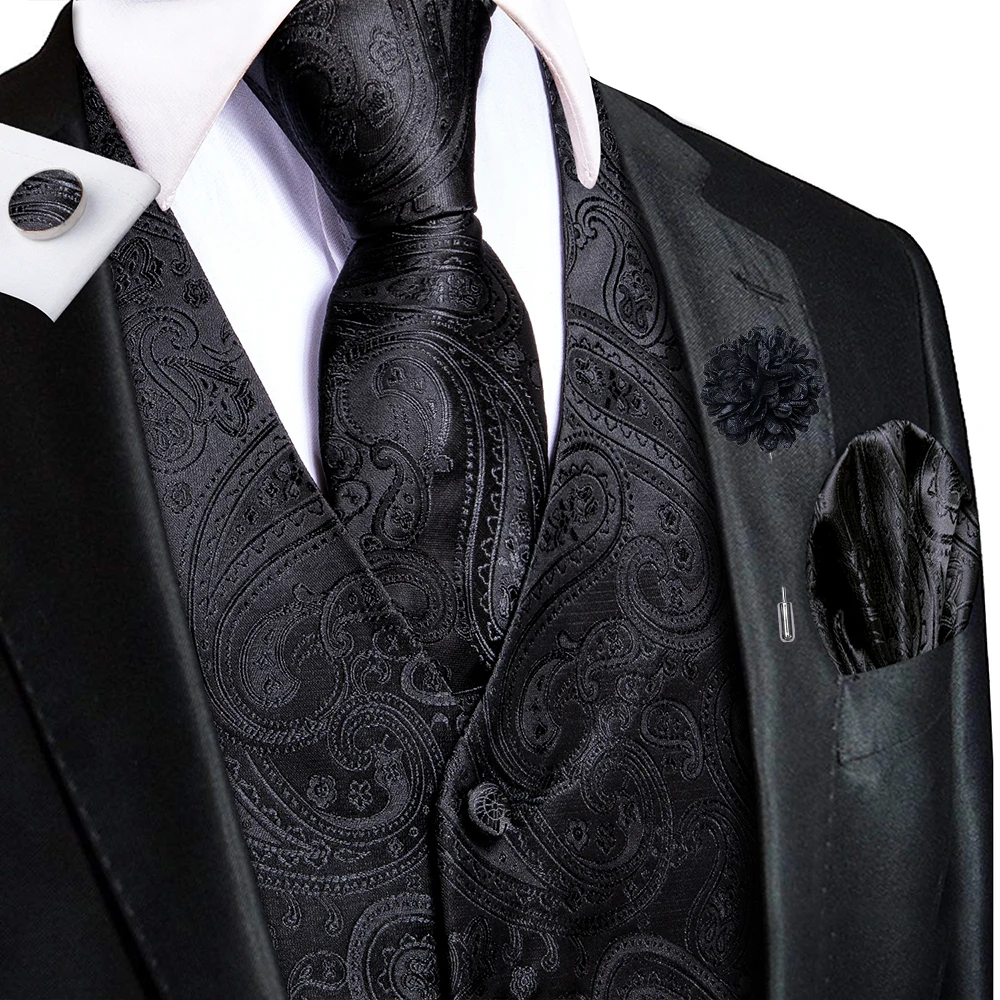 

Hi-Tie Black Paisley Men Silk Vest Jacquard Waistcoat Tie Hanky Cufflinks Brooch Sets for Men Suit Wedding Formal Business Party