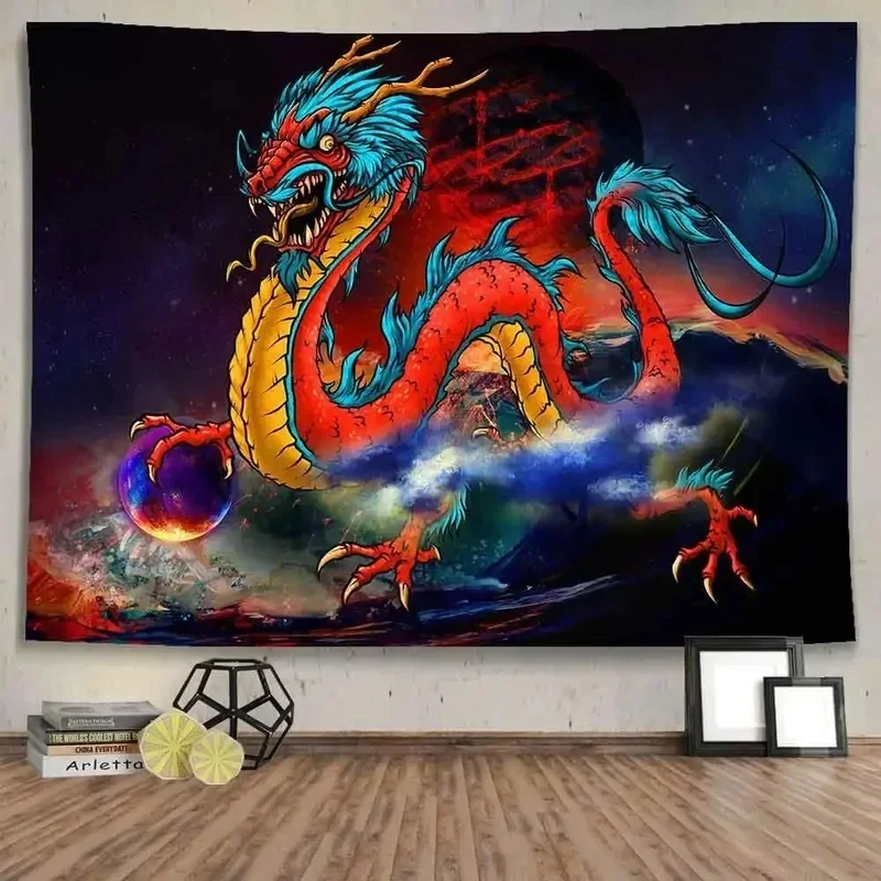VIKAMA Traditional Chinese Dragon Tapestry Wall Hanging Golden Dragon Artwork Design Aesthetic Backdrop for Wall Decor
