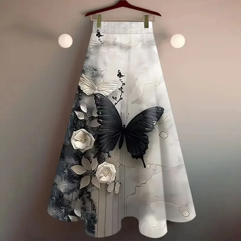 

Fashion New Print 3d Black Flower Skirts Mid-length Loose A-line Skirt For Women 2025 Summer High Waist Falda Mujer