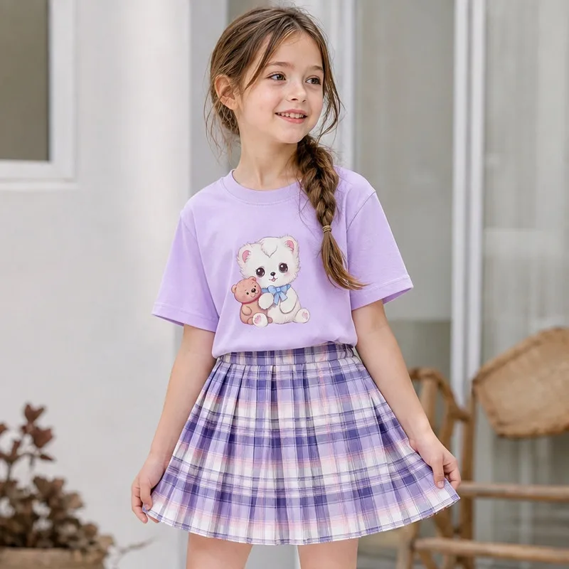 Girls 2‑Piece Outfit Cartoon Bear Print Short Sleeve Cotton T‑Shirt Plaid Pleated Skirt with Safety Liner School Casual Set