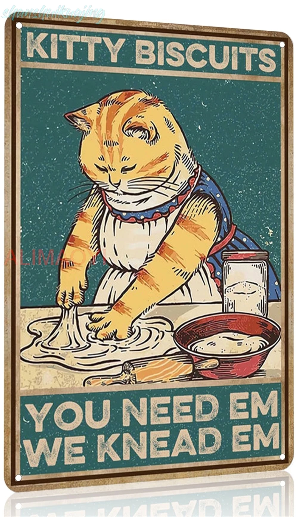 WEYCRSU Kitty Biscuits We Knead Em You Need Em Funny Cat Metal Tin Sign for Home Kicthen Cafe Retro Wall Decor 8x12 Inch sign