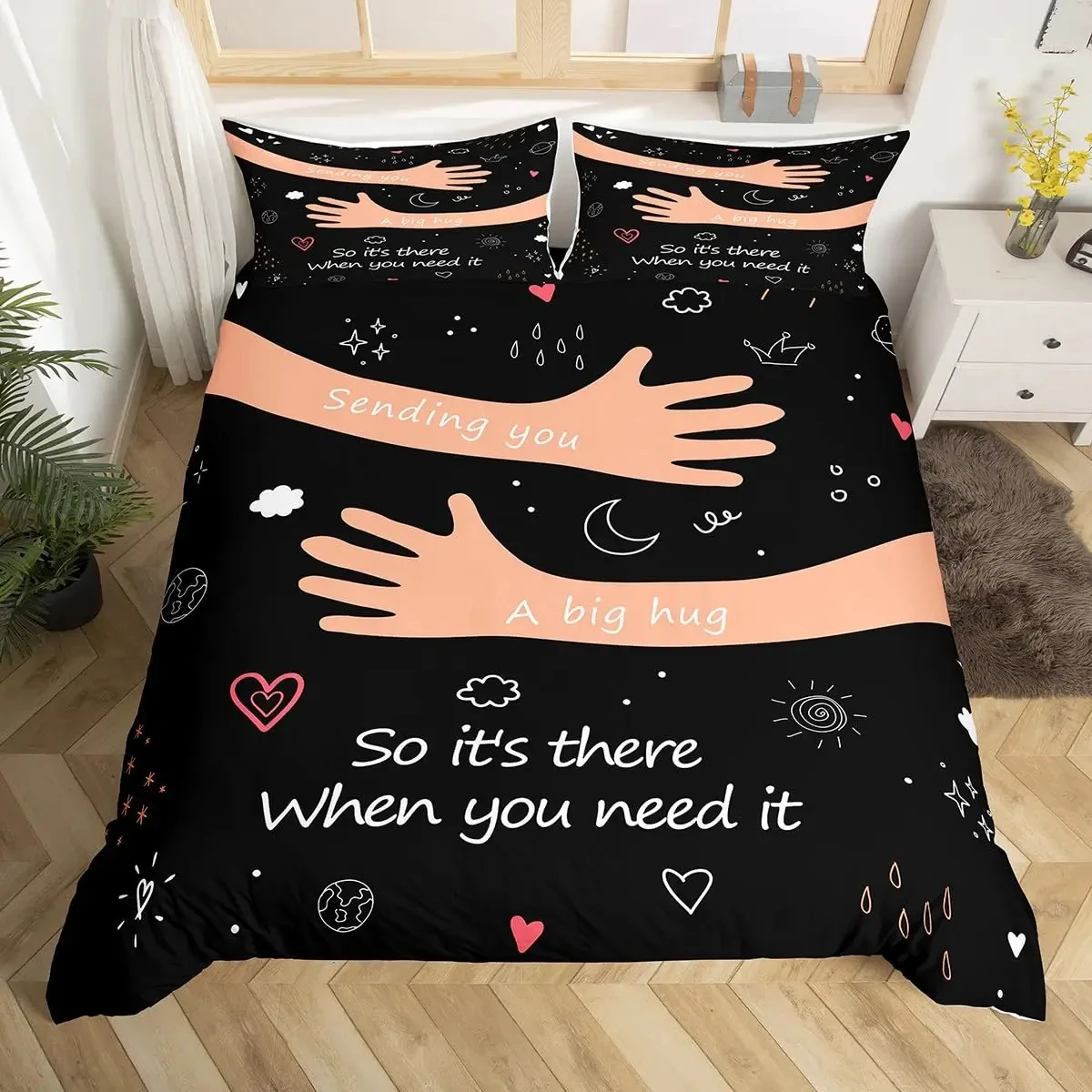 Cute Love Hug Duvet Cover Set Single King for Kids Adults Cute Sun Moon Cloud Bedding Set Lovely Heart Pattern Beige Quilt Cover
