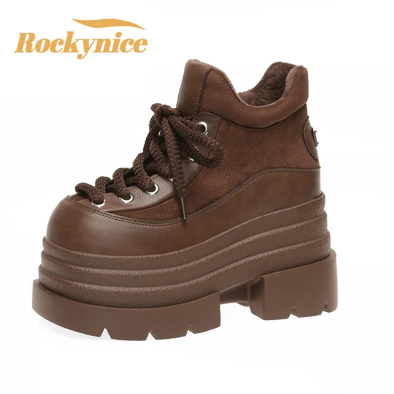 New 2025 Women Thick Heels Leather Sneakers Ladies Plush Winter Warm Snow Boots Fashion 10CM High Platform Cotton Shoes Pumps