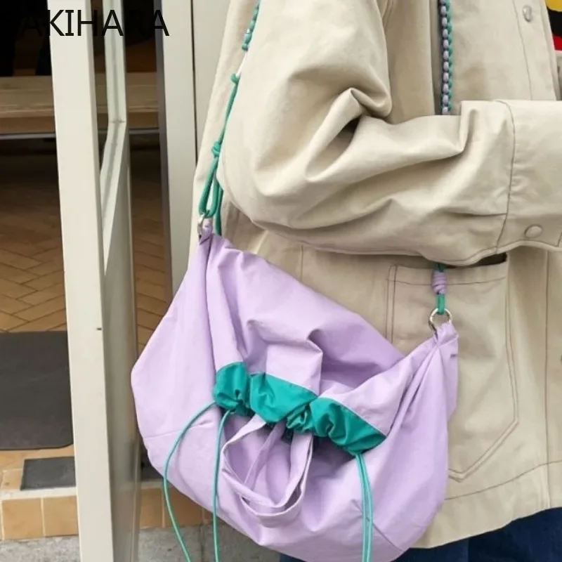 Torby Crossbody dla kobiet kontrastowy kolor sznurkiem na co dzień nylonowa torba na ramię Patchwork koreańskie estetyczne japońskie torebki