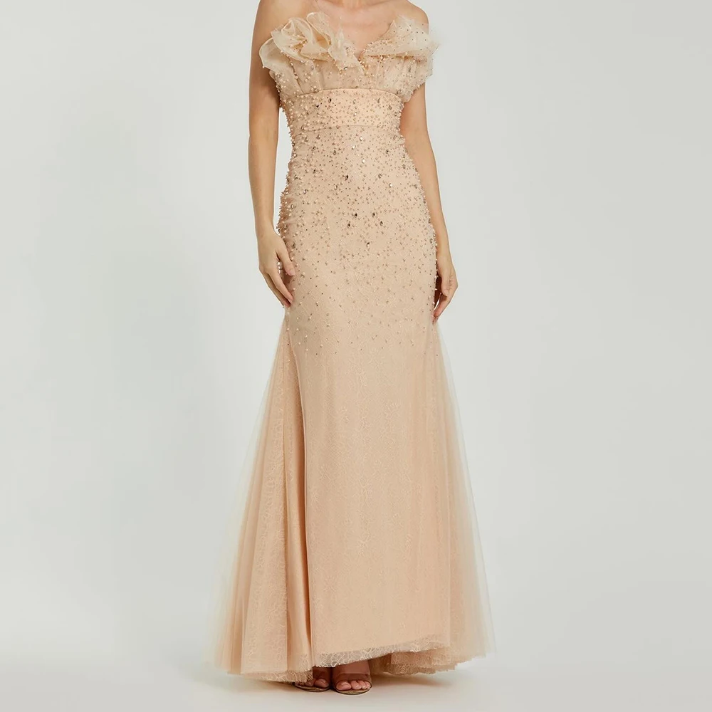 

Women's A-line Evening Dresses Floor-length Strapless Sleeveless Prom Gown Fashion Beading Crystal Lace Draped Customized Gowns