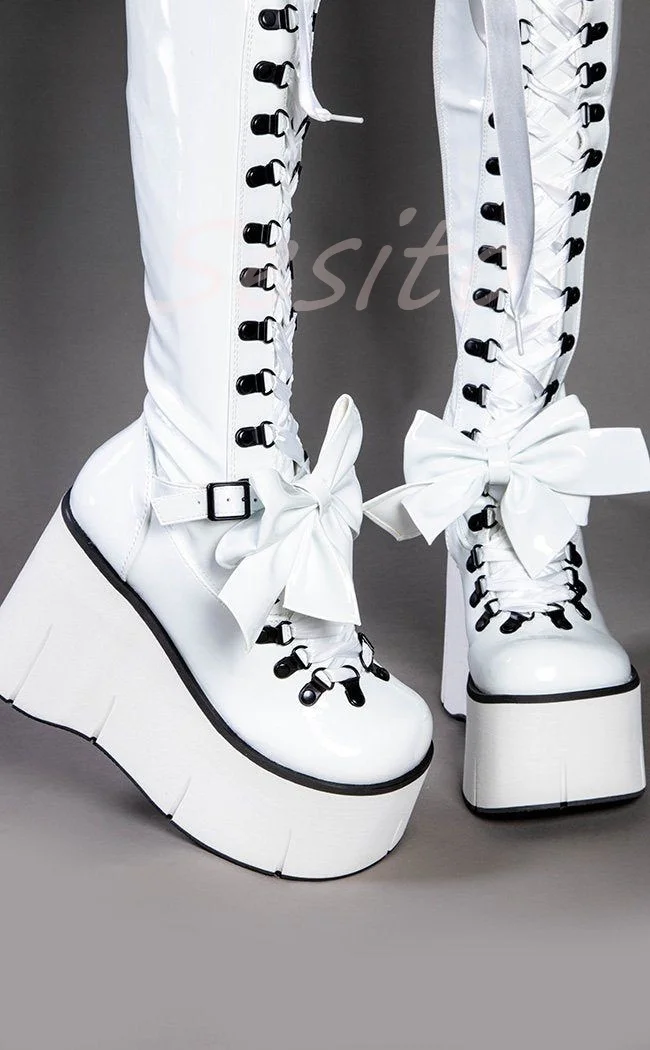 Patent Leather Thick-Soled Over The Knee Boots with Bow Cross Tied Lace Up Belt Punk Cool Girl Dress Party Booties Casual Shoes