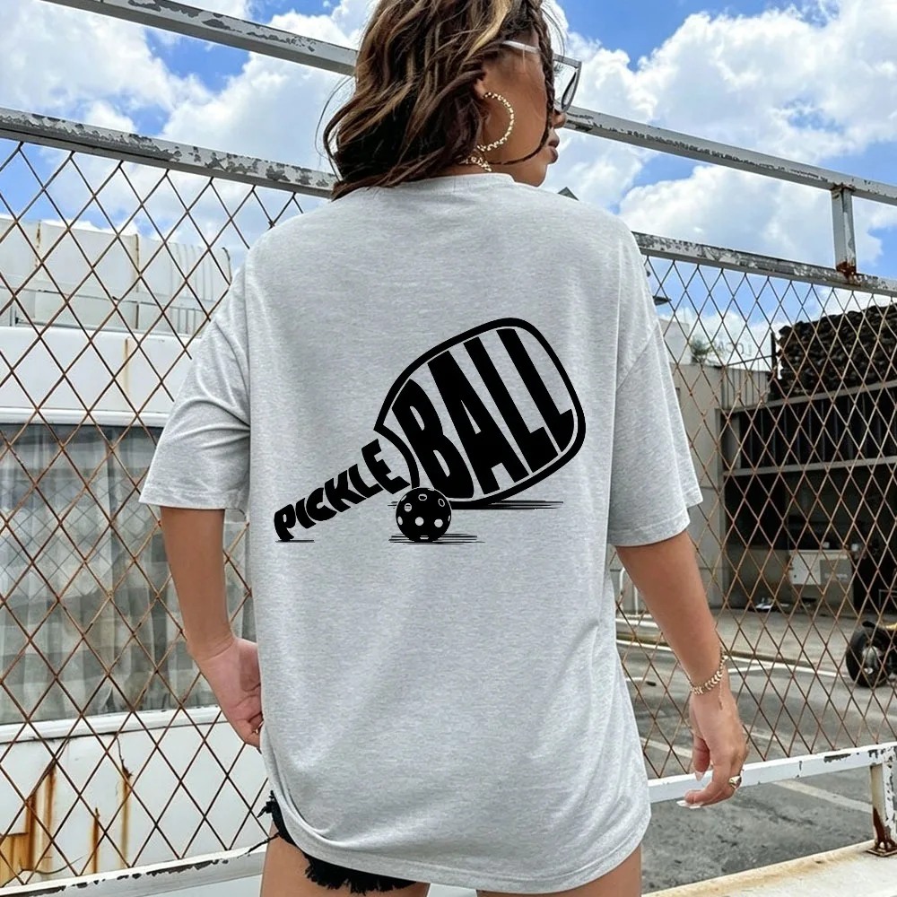 Women Front and Chest Double Pickleball Paddle Letter Print T Shirt Crew Neck Short Sleeve Cotton Tee Sports Outdoor Game Casual