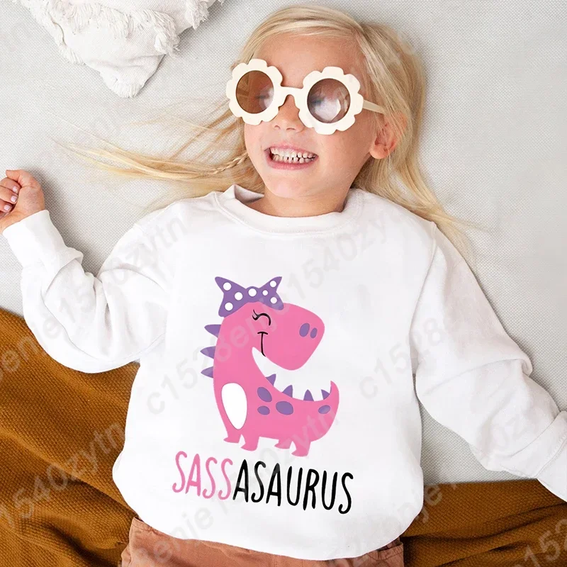 Adorable Cartoon Sassy Dinosaur Print Sweatshirts For Girls, Long Sleeve Relaxed Fit Casual Top for Holiday and Daily Wear