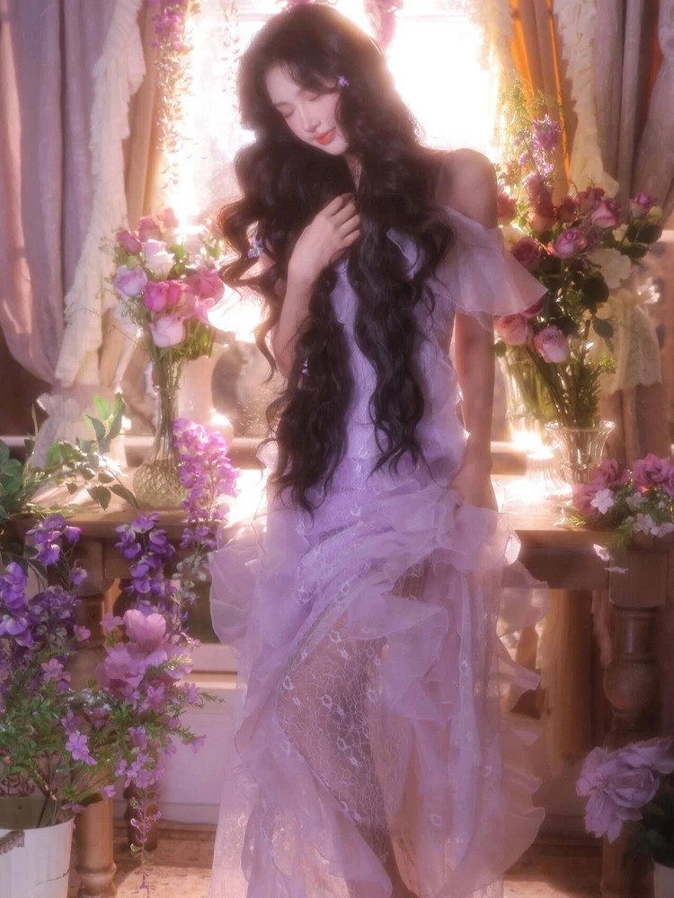 

Ultra-Fairy Purple Dress Photography Sweet Girl New Design Sensation Gauze Halter Dress Stage Costume Ethnic Wear Polyester