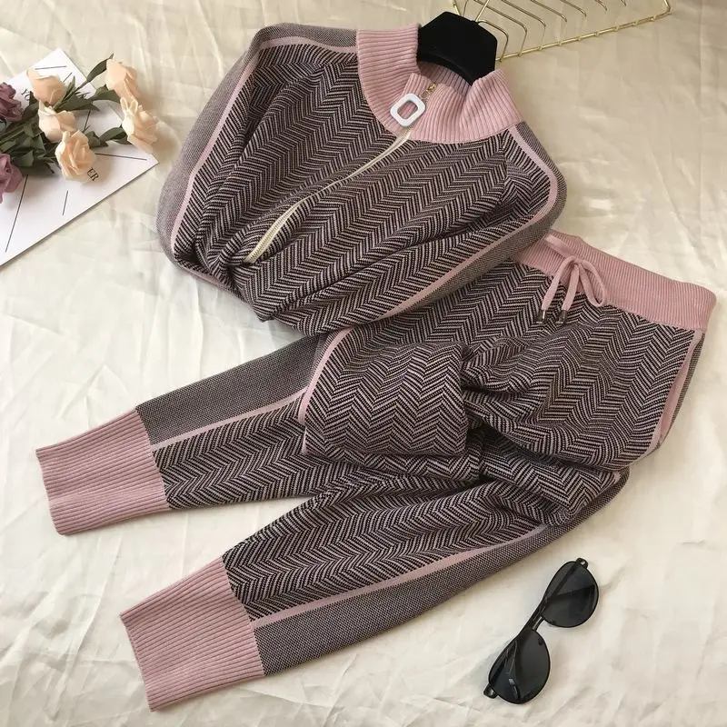 Check Knit 2 Pieces Sets Women Casual Zipper Knitwear Cardigan Tops Conjuntos Korean High Waist Ankle Length Jogger Pants Outfit