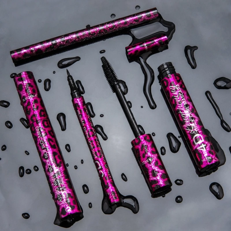 Red Leopard Print 2 in 1 Makeup Set Mascara and Eyeliner Waterproof Quick Dry Volumizing Curling Smudge Proof for Party Date