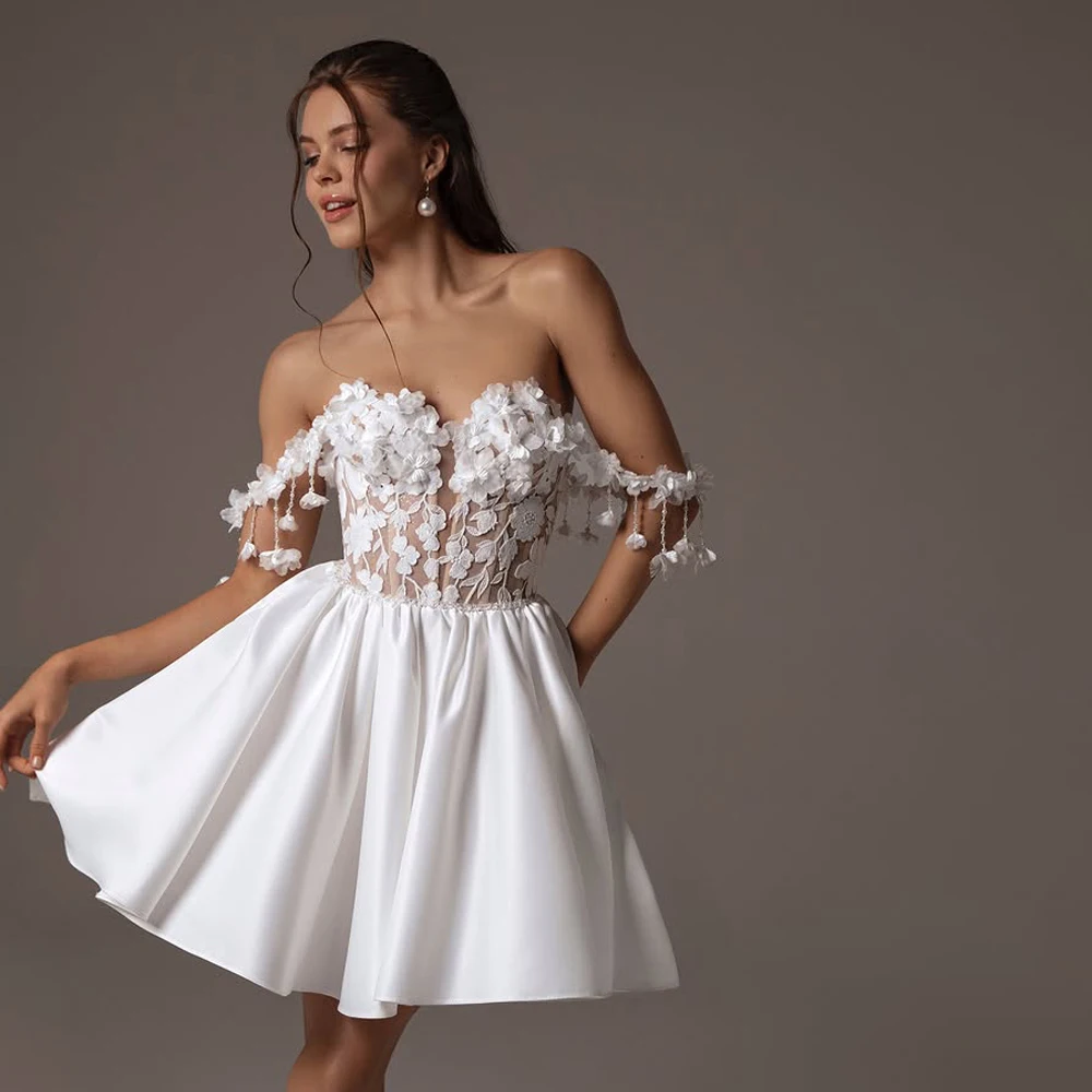 Vestido de novia con apliques de encaje y escote en forma de corazón, vestido de fiesta sin mangas Sexy para mujer, Mini vestidos de novia de línea A 2026