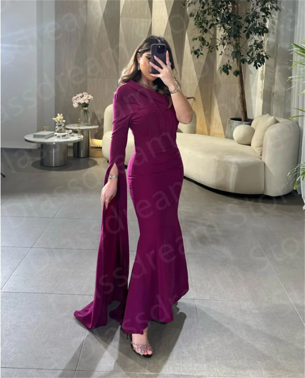 Vintage Long Evening Dresses One Shoulder Spandex Full Sleeves A Line Ankle Length for Women Formal Party Dresses Floor Length