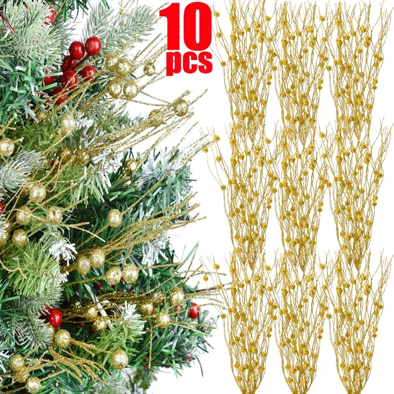 Artificial Glitter Berry Stem Gold Powder Berry Branches DIY Xmas Tree Wreath Decoration New Year Table Ornaments Party Supplies