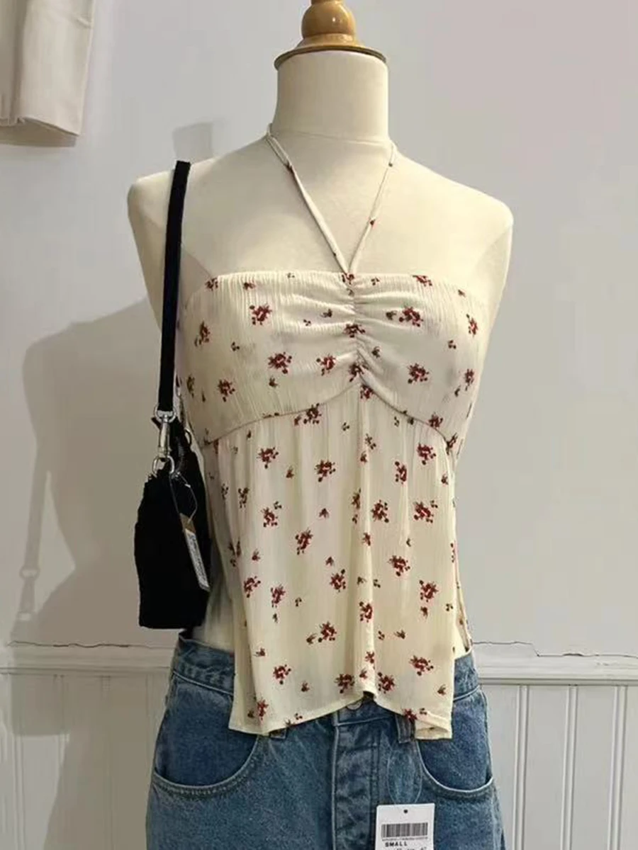 Floral Drawstring Strapless Slim Tank Tops Women Side Split Cropped Halter Camisole Vintage Streetwear Summer Sweet Crop Top Y2k