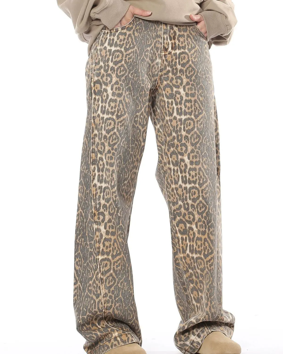 Calça jeans de cintura alta com estampa leopardo vintage masculina, calça casual Hip Pop de perna larga, calça jeans Y2K, grande tamanho, primavera, outono