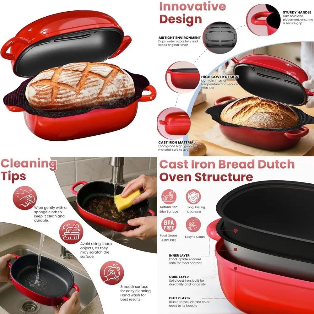 

2.5 Quart Cast Iron Dutch Oven for Sourdough, Non-Stick Silicone-Lined, Blue Oval Bread Pan, Perfect Gift for Baking Enthusiasts