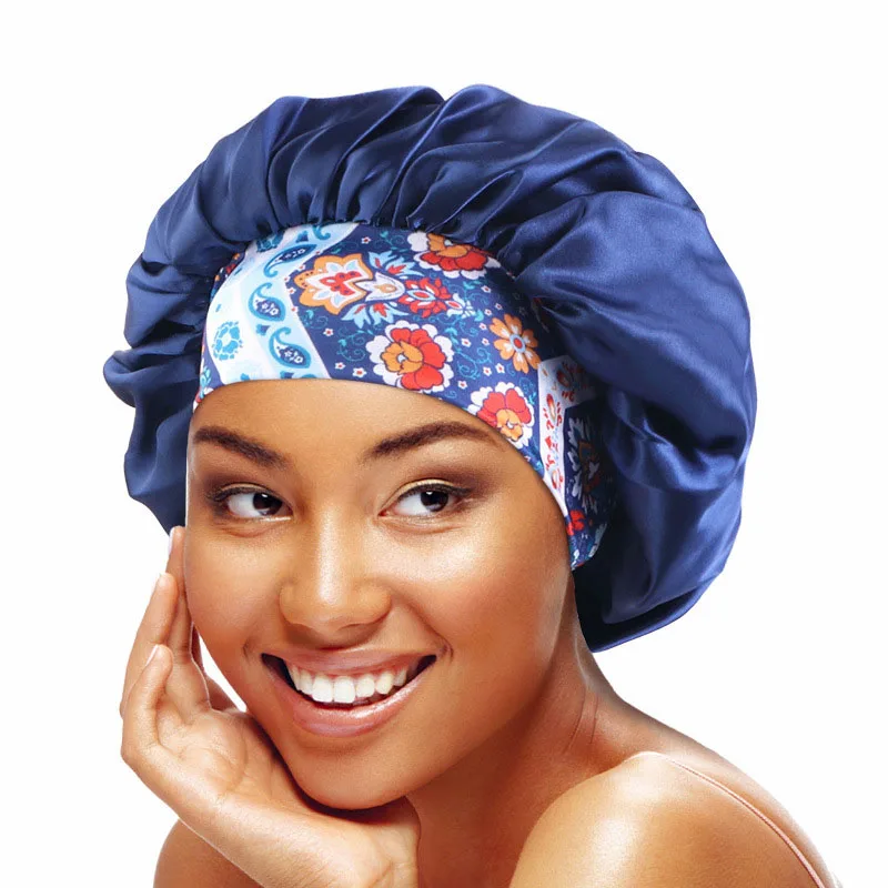 Satin Bonnets for Women Wide Elastic Band Floral Print Hijab Silky Headwrap Hair Care Cover Hat Night Sleeping Cap Lady Headwrap