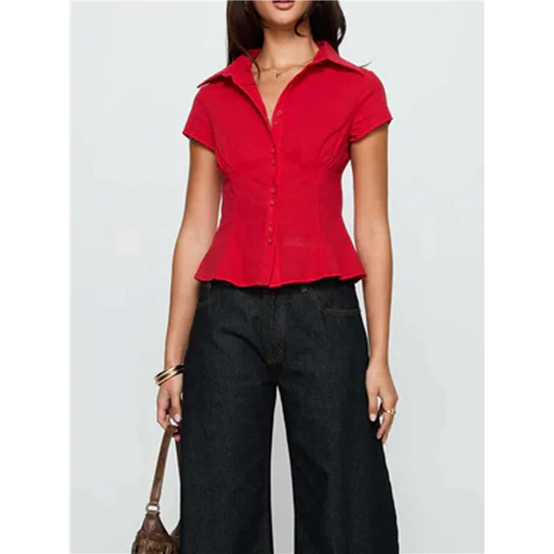 

AG-Women Y2k Short Sleeve Button Up Shirt Lapel Collar V Neck Plaid Open Front Blouse Casual T-Shirt