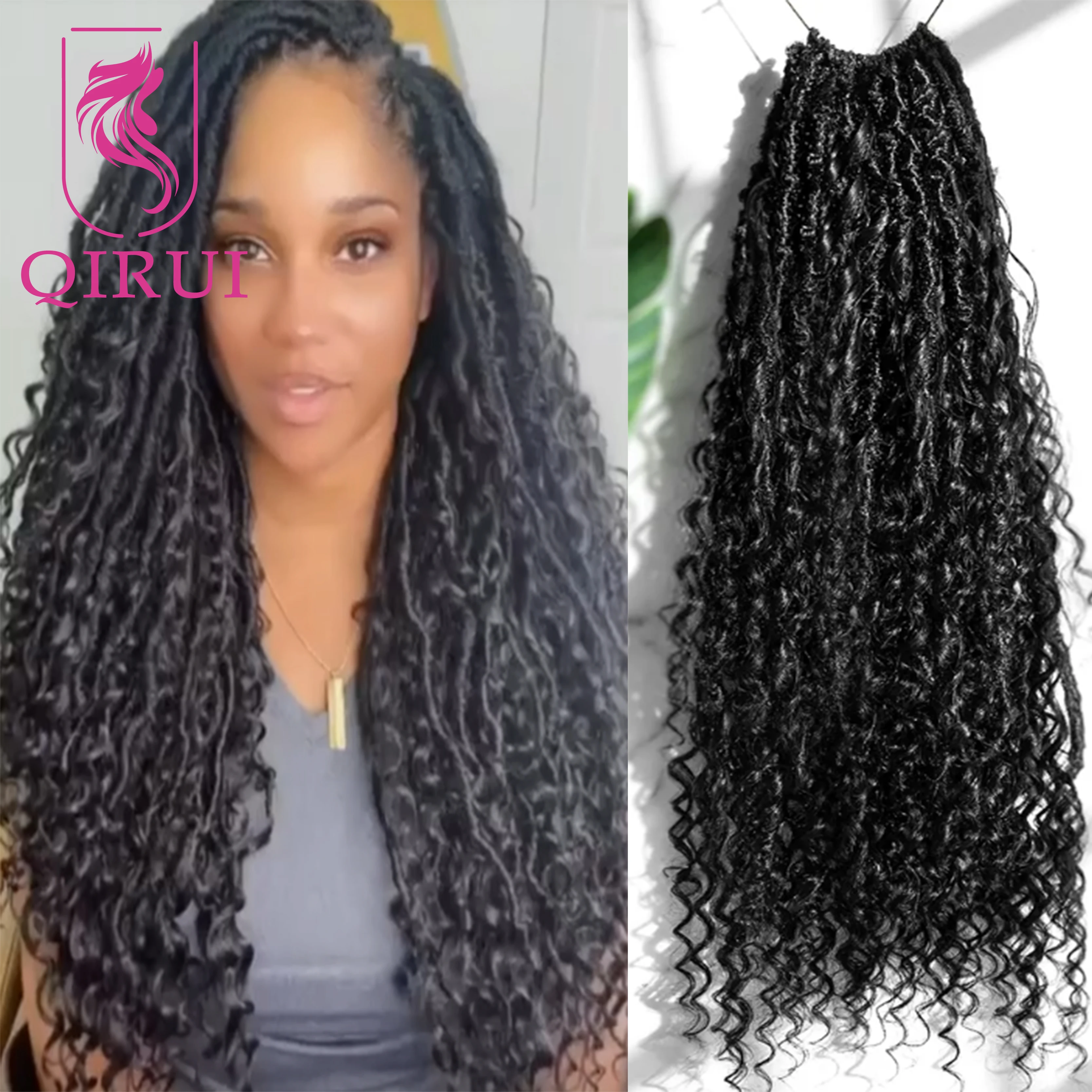 โครเชต์ Boho Locs Braids Pre-looped กับต่อผมมนุษย์ Curly Full Ends เทพธิดานุ่ม Locs กล่อง Knotless Braids ผม