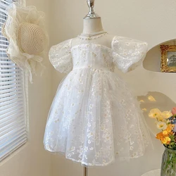 2024 Girls' Dress New Pearl Neckline Summer Dress Fashionable Bubble Sleeves Children's Dress Little Girl Mesh Princess Dress