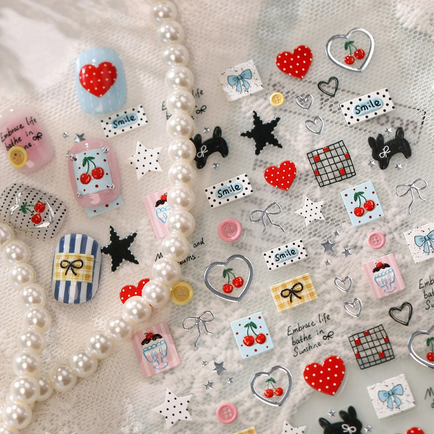 Süße Vintage 5D Nagelaufkleber Rote Tupfen Herz Kirsche Welpe Stern Schleife Karo Quadrat Knopf Nagelkunst Deko Nagelsticker DIY